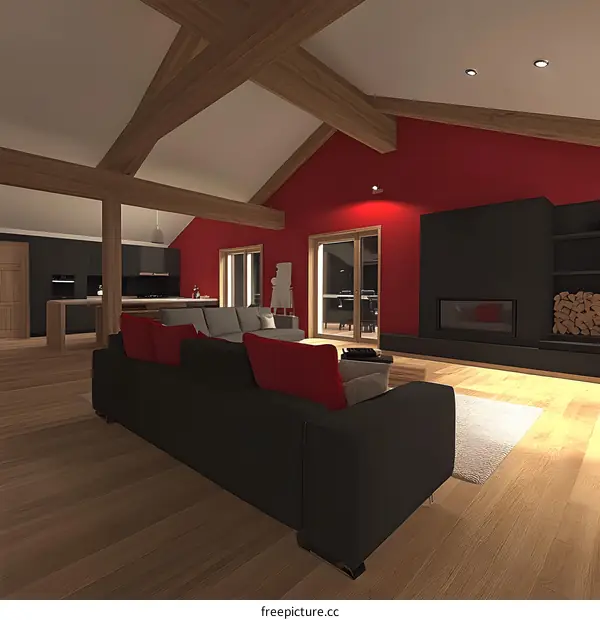 Modern Living Room Interior Design with Red Walls and Exposed Beams