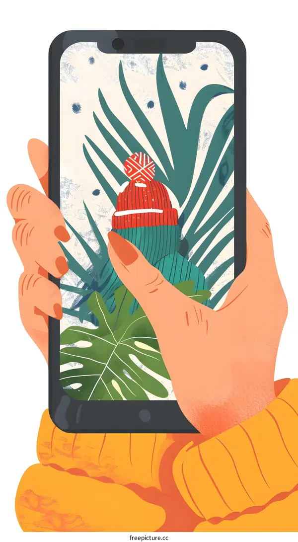 Hand Holding Phone With Winter Hat on Screen
