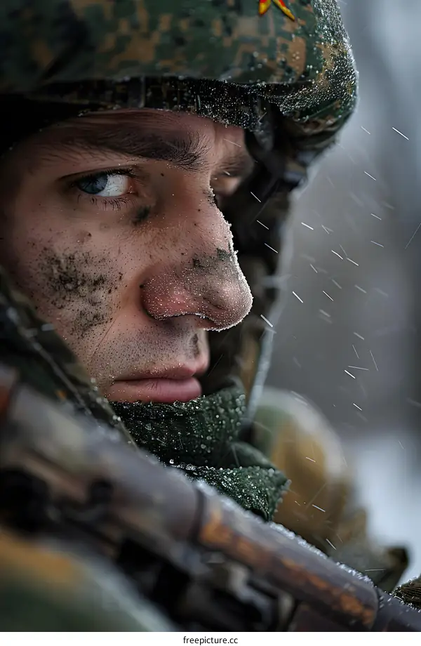 Portrait of a male soldier in winter gear.