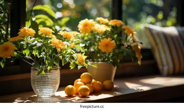 Yellow flowers and lemons on a wooden table