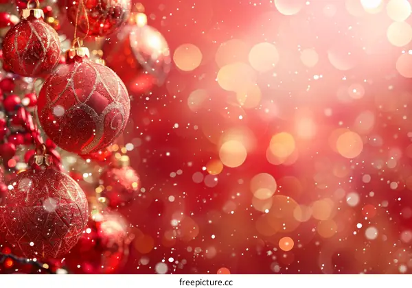 Red & White Christmas Ornaments Hanging on Branch with Bokeh & Snow