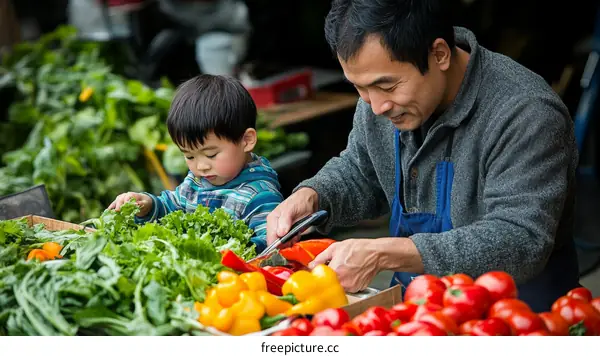 Father and Son at a Farmers Market Shopping for Fresh Produce