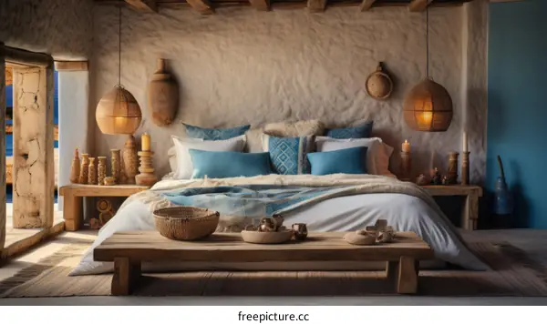 Rustic bedroom with blue and white bedding and woven wall baskets