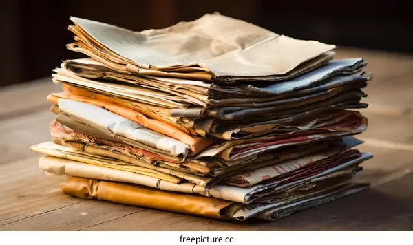 Stack of old newspapers on a wooden table