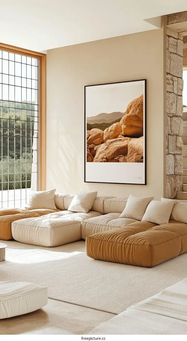 Modern Beige and Tan Sectional Sofa Interior Design with Framed Artwork