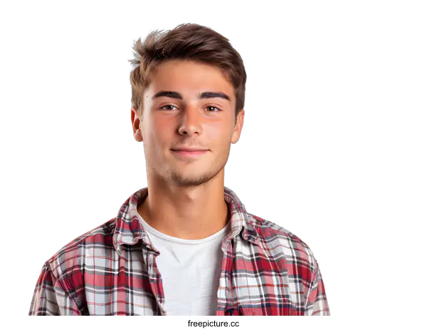 [Transparent Background PNG]Portrait of a young man with brown hair and brown eyes wearing a red and black plaid shirt