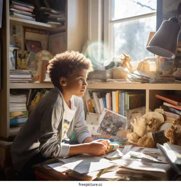 Young boy sitting in a home library