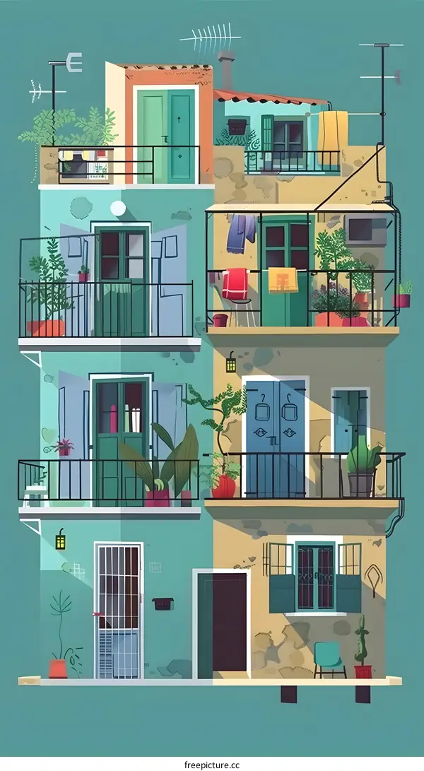 Colorful Building Illustration With Multiple Balconies And Plants