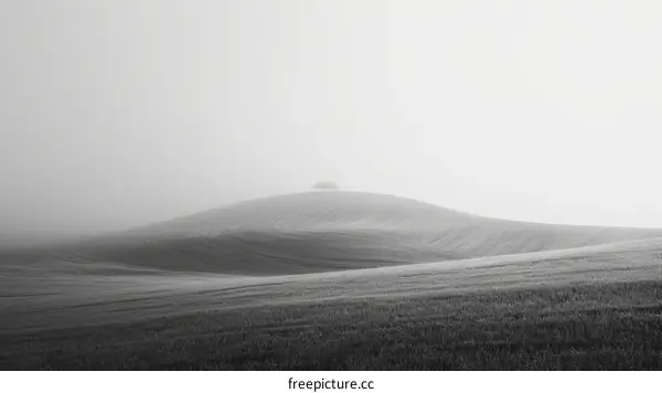 Black and white rural landscape with lonely tree on top of the hill