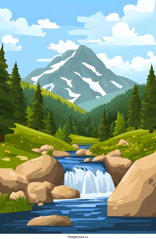 Mountain River with Waterfall and Green Forest Landscape Illustration