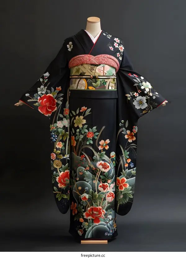 A kimono with a pattern of flowers and birds