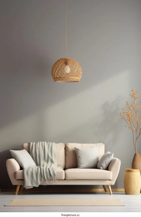 Modern minimalist living room interior with sofa and plant