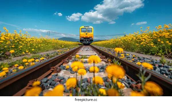 Yellow flower field with a train track through the middle