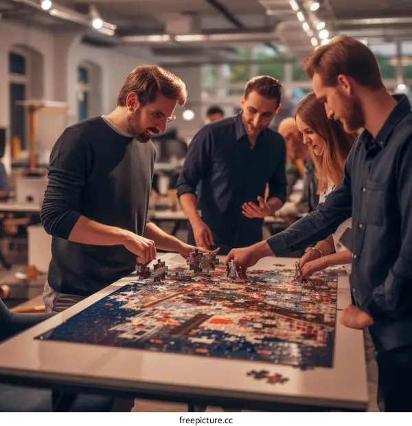 A group of people are working together to put together a puzzle.