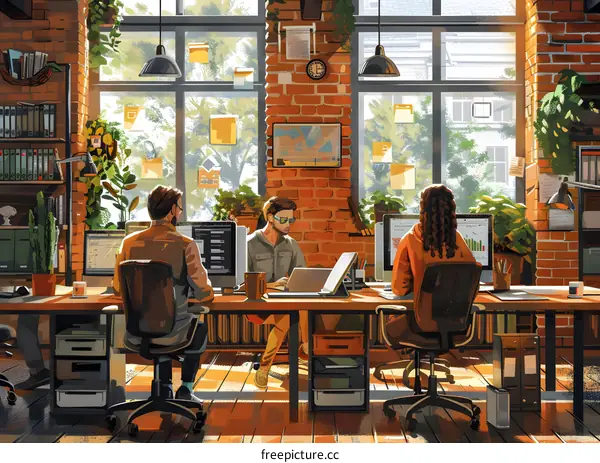 Three people working in an office