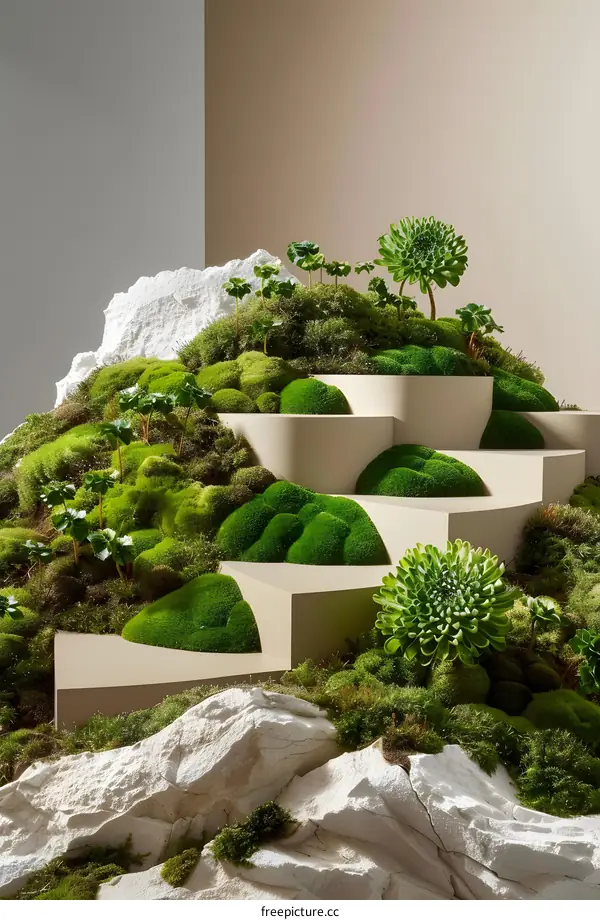 Abstract Green Landscape with Beige Steps