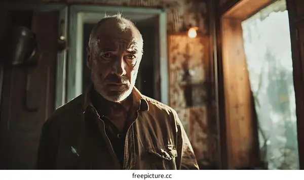 Portrait of a Serious Caucasian Man in a Rural Home