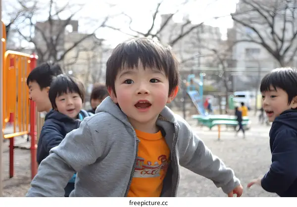 Playful Little Boy in Park with Friends