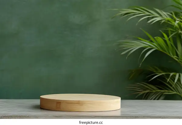 Wooden Display Stand Against a Green Wall with Plants