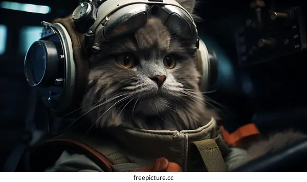 A cat wearing a飛行員盔甲 and goggles