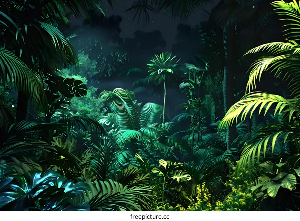 Tropical Rainforest at Night with Lush Green Foliage