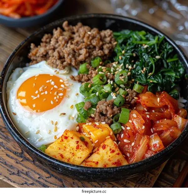 Korean Rice Bowl with Beef, Egg, Kimchi and Spinach