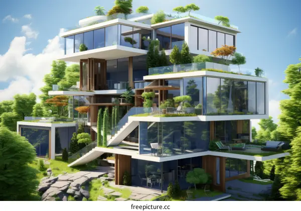 futuristic modern house with lots of glass windows and greenery