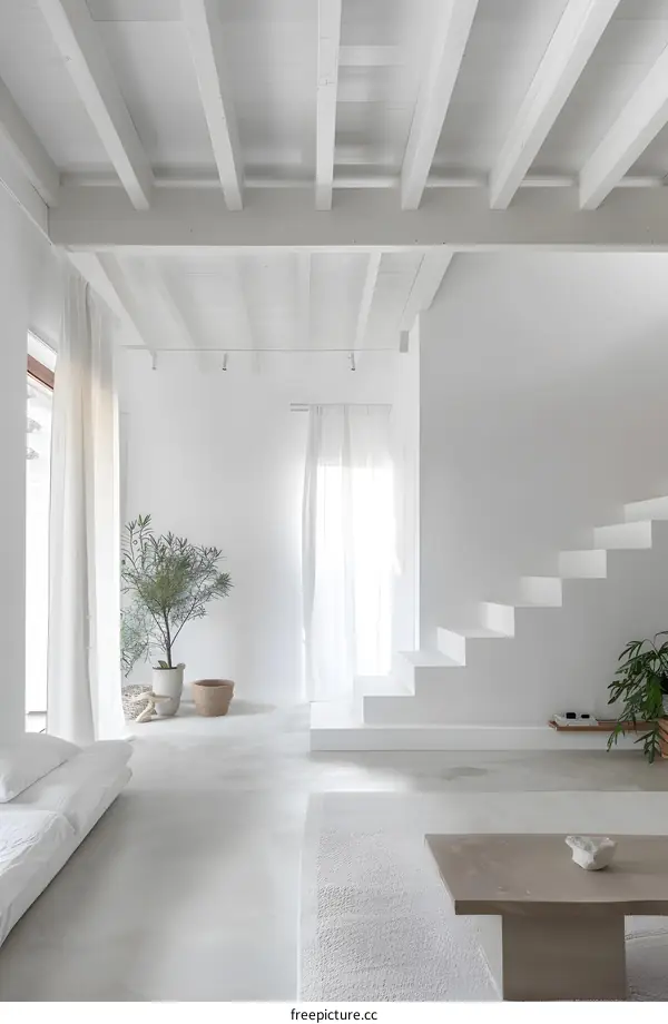 Minimalist White Interior Design with Wooden Beams and a Modern Staircase