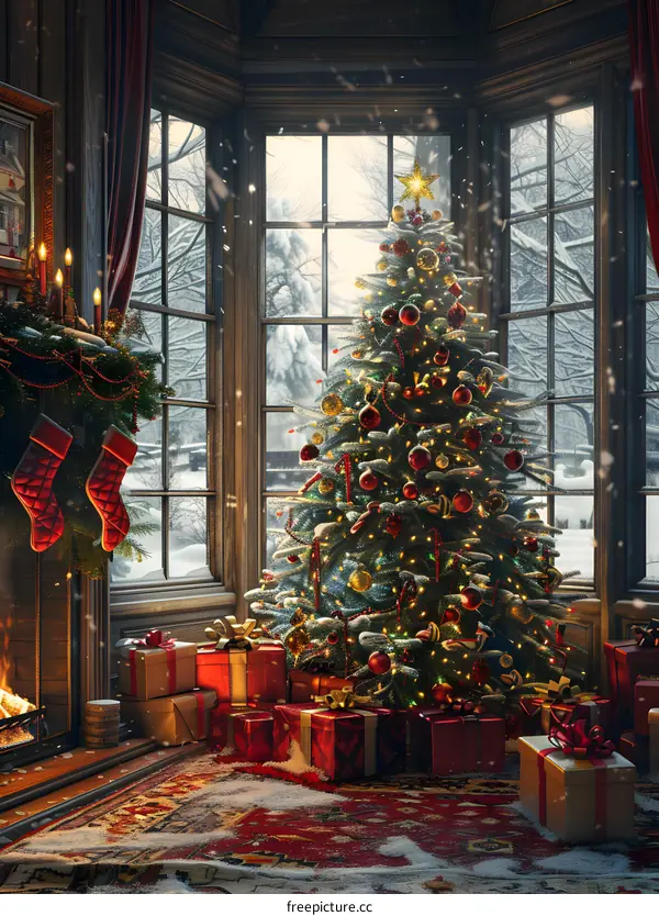 Beautifully decorated Christmas tree by the fireplace