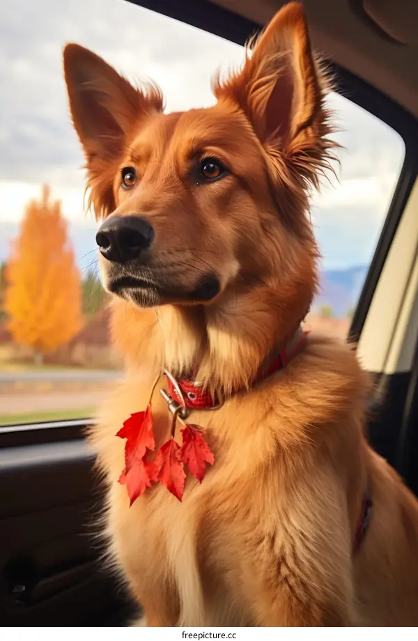 Golden-Brown Dog with Maple Leaf Charm