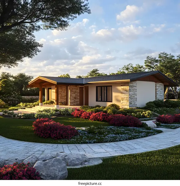 Modern Cottage House with Stone Exterior and Lush Landscaping