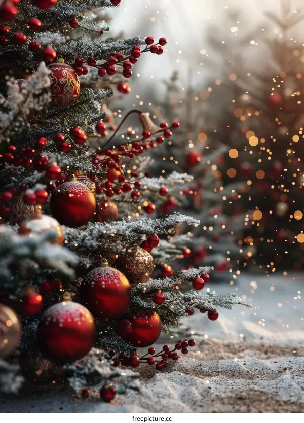 Christmas Tree Decorations with Snow and Lights