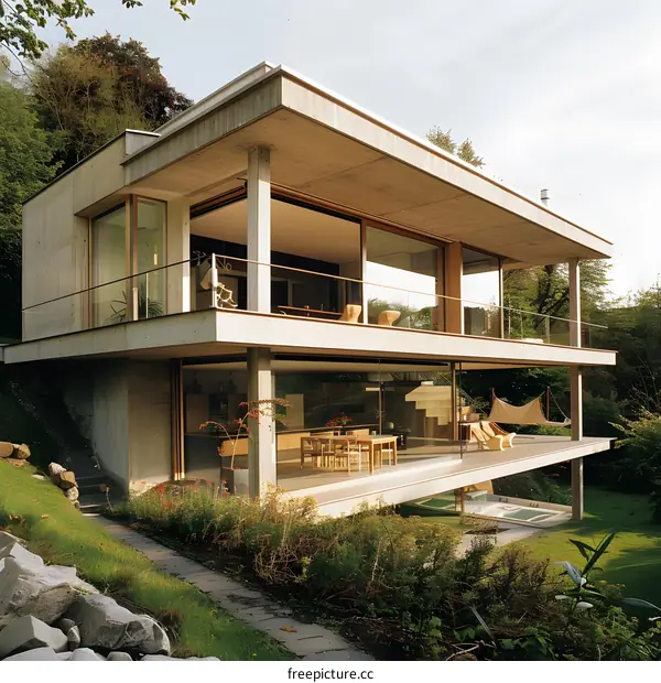 Modern Concrete House with Large Windows and Terrace