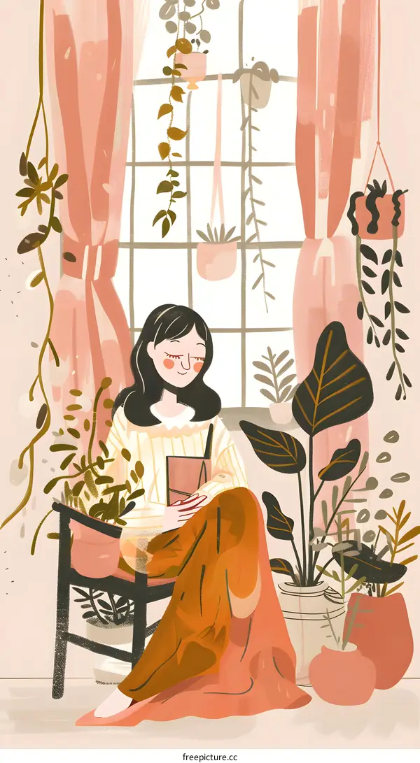 Woman Sitting by Window with Plants