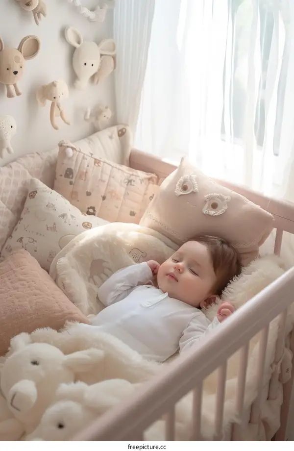 An adorable baby sleeping soundly in a crib