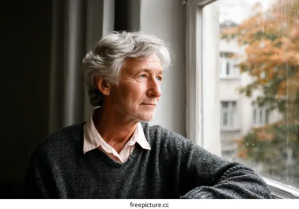 Thoughtful Senior Man Looking Through Window