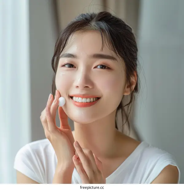 Asian woman washing her face with foam cleanser