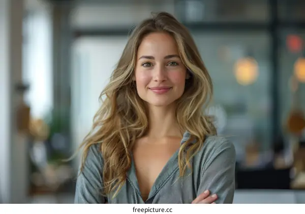 Portrait of a smiling young woman with long blond hair