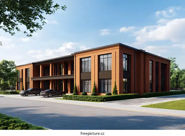 Modern Brick Building Design with Windows and Balcony