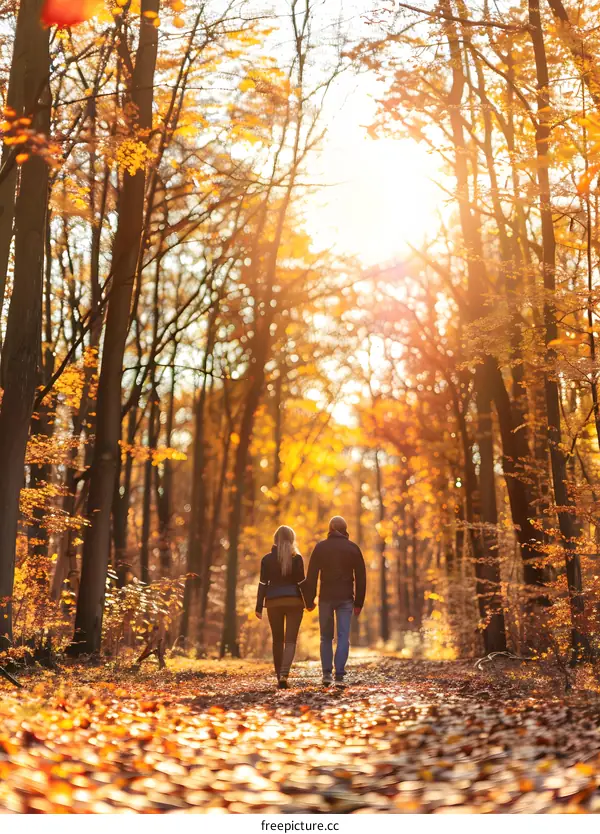 Couple Walking Through Golden Autumn Forest
