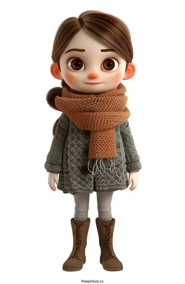 [Transparent Background PNG]Cute Cartoon Girl Wearing Green Coat and Brown Boots