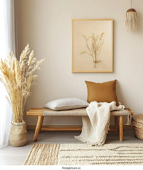 Minimalist Living Room with Wooden Bench, Dried Flowers, and Beige Rug