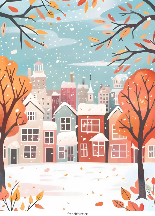 Winter Scene with Snow Covered Houses and Trees