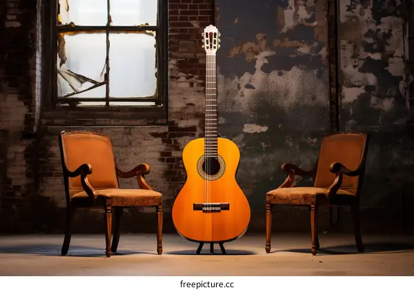 An old guitar with two vintage chairs in a room with brick walls and a broken window