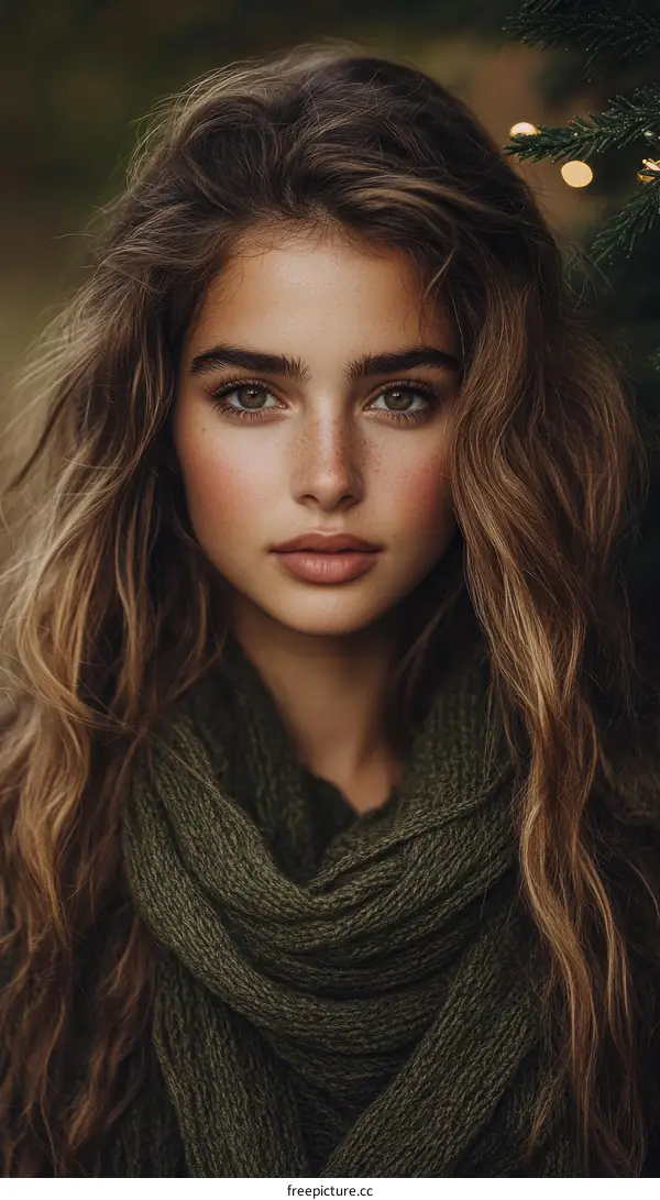 Closeup Portrait of a Beautiful Woman with Long Brown Hair and a Green Scarf