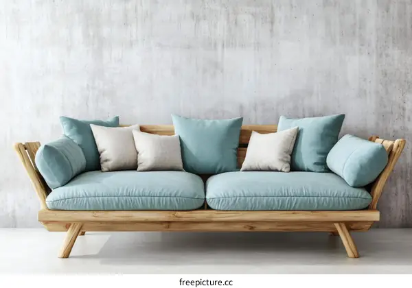 Teal Wooden Sofa Against Concrete Wall