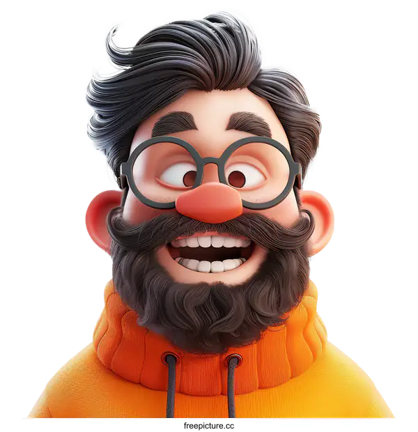 [Transparent Background PNG]Smiling Cartoon Man with Beard and Glasses