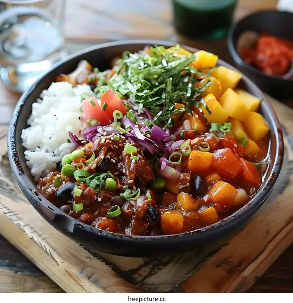 A delicious and healthy bowl of food with rice, beans, and vegetables