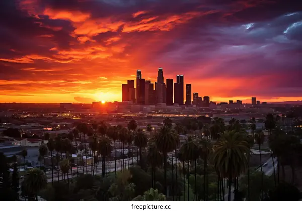 Palm Trees And Sunset Over Los Angeles