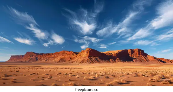 A vast desert landscape with a large mountain range in the distance